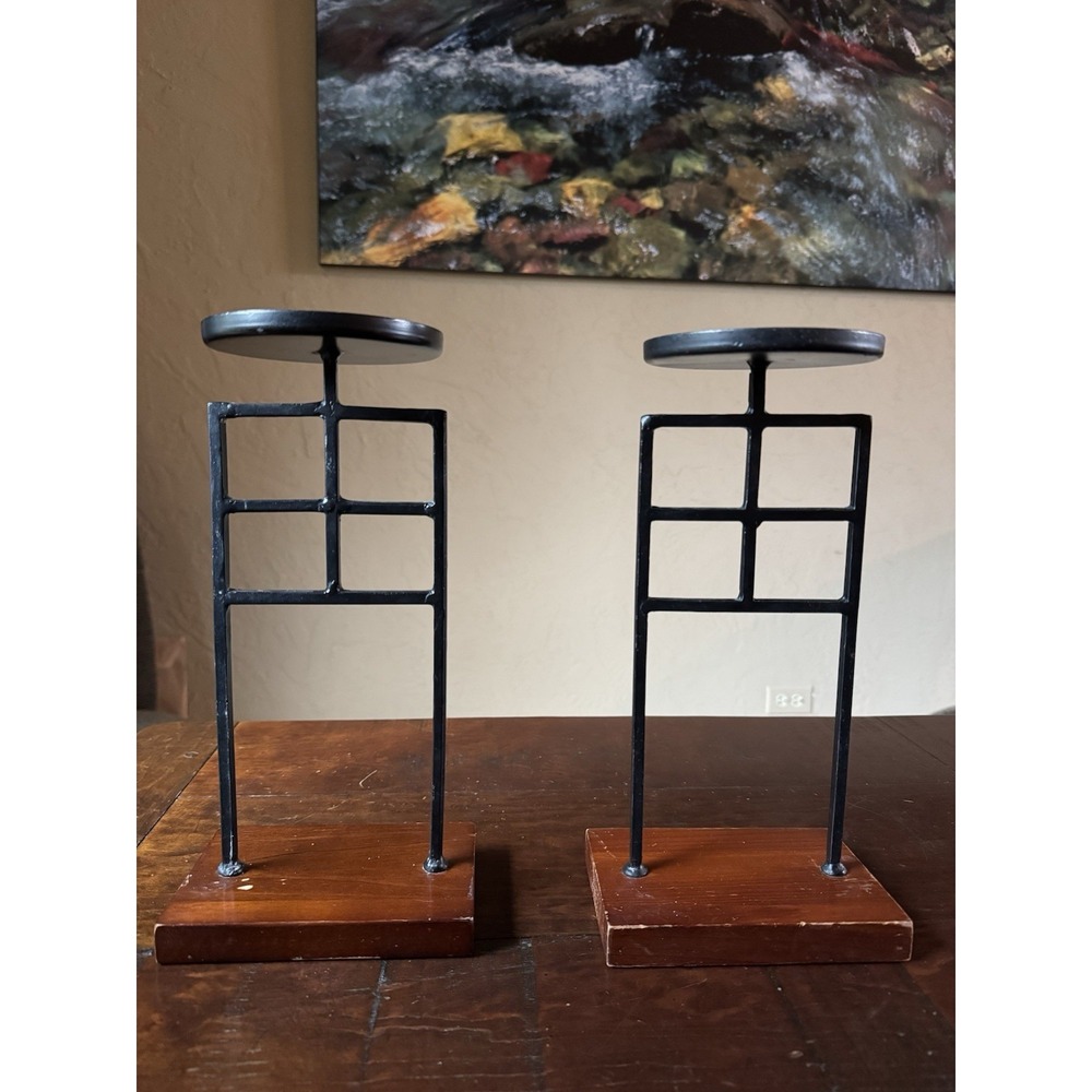 Pier 1 Pillar Candle Holders Stands Iron & Wood 12" Set Of 2 Arts & Crafts Style
